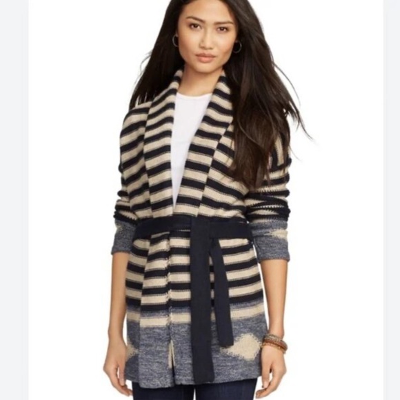 Ralph Lauren Navajo Stripe Cotton Linen Tie Cardigan Sweater Blue XL - Picture 8 of 8